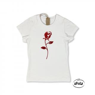 Tričko RUŽA (dámske / dievčenské biele tričko s červenou perleťovou potlačou)