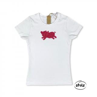 Tričko RUŽOVÉ PRASIATKO (dámske biele tričko s ligotavou ružovou potlačou)
