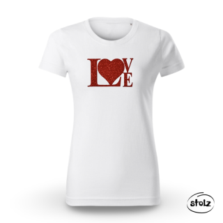 Tričko SRDCE LOVE (dámske biele tričko s červenou glitrovou potlačou)