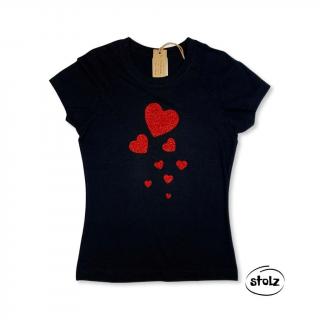 Tričko SRDIEČKA (dámske čierne tričko s červenou perleťovou potlačou)