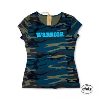 Tričko WARRIOR 02 (dámske modré maskáčové tričko s modrou semišovou potlačou)