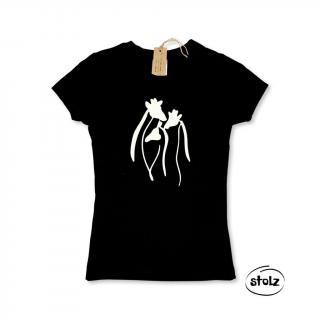 Tričko ŽIRAFKY (dámske / divečenské čierne tričko s bielou perleťovou potlačou )