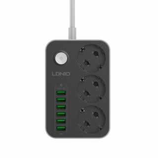 LDNIO SE3631 PREDLŽOVACÍ KÁBEL s 3 ZÁSUVKAMI, 6 x USB, ČIERNA