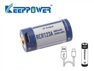 KeepPower P1634U1 Li-ion RCR123A 16340 860mAh, 3V Button top s ochranou USB nabíjateľný akumulátor