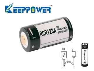 KeepPower  P1634U2 Li-ion 16340 1000mAh, 3V Button top s ochranou USB nabíjateľný akumulátor