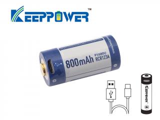 KeepPower P1680U Li-ion 16340 800 mAh, 3,7V Button top s ochranou USB nabíjateľný akumulátor