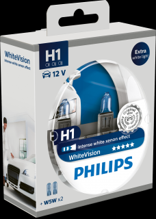 Žiarovka H1 PHILIPS WhiteVision ultra 12V xenónový efekt + W5W blue - Set 2ks (Autožiarovka H1 PHILIPS White Vision ultra 12V Xenónový efekt 55W P14,5s + W5W blue Set 2ks)