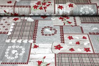 Dekoračná látka bavlna patchwork s kvetmi a srdiečkami, šírka 140 cm