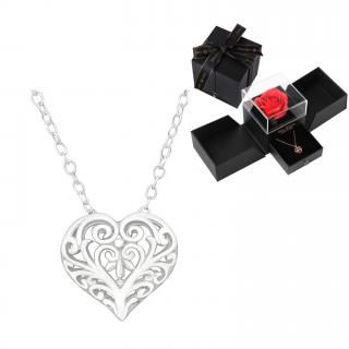 Valentínsky strieborný náhrdelník Srdce s ornamentmi v darčekovej krabičke s ružou VS1012