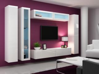 VIGO obývacia stena zostava 6B biela mat./biely lesk Osvetlenie - LED: 1x 4-LED + 1x trafo + 2x klips biele