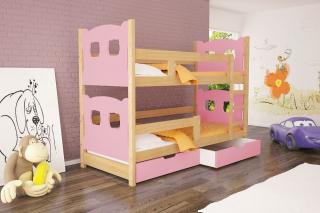Poschodová posteľ Oli 2 - typ A Farba: Borovica + ružová