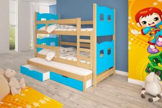Poschodová posteľ Oli 3 - typ A Farba: Borovica + modrá
