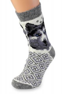 Vlnené ponožky 100% vlna, Husky svetlý s fialovými symbolmi Veľkosť: 46-48