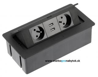 Elektrická zásuvka GTV SOFT, 2x220V + 2xUSB (čierna)