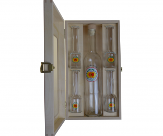 Darčeková kazeta Dlháň - JABLKOVICA (0,5 l + 4x 0,05 l) (Fľaša s pohárikmi na pálenku Woodluxe)
