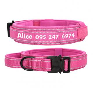 Reflexný taktický nylonový obojok pre veľké psy s menom - ružový Veľkosť: L
