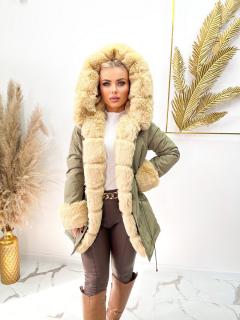 Khaki dámska zimná bunda s kožušinou Veľkosť: L
