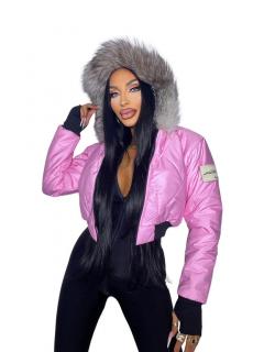 Štýlová dámska svetlo ružová bunda s kožušinou Veľkosť: M