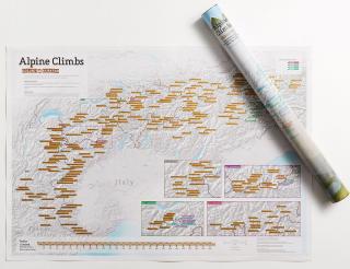 Alps Hiking Scratch Map nástenná stieracia mapa + tubus 59x84cm / anglicky (Alpy turistika - Rakúsko,Taliansko,Francúzsko,Švajčiarsko škrabacia mapa pre turistov a nadšencov zdolávania tých najvyšších vrcholov)