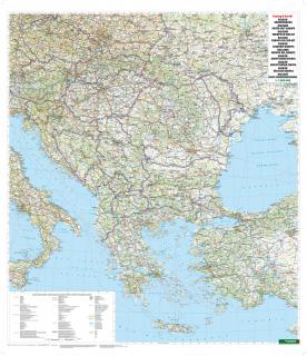 Balkán a juhovýchodná Európa cestná 88x100cm lamino v ráme nástenná mapa (Cestná mapa štátov Slovensko,Česko,Maďarsko,Rumunsko,Bulharsko,Slovinsko,Chorvátsko,Bosna Hercegovina,Srbsko,Kosovo,Montenegro,Macedónsko,Grécko)
