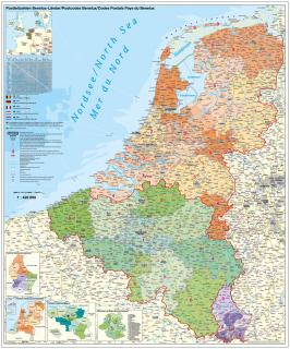 Benelux PSČ 140x100cm lamino, lišty nástenná mapa  (Belgicko, Holandsko, Luxembursko s PSČ)