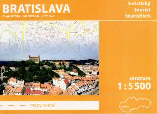 Bratislava turistický plán mesta s perokresbami pamiatok 1:5,5tis skladaná mapka (Skladaná kompaktná mapka Bratislavy vhodná do vrecka. Ideálna na spoznávanie zákutí hlavného mesta Bratislava. Do mapy boli zakreslené perokresby významných pamiatok. Okrem 