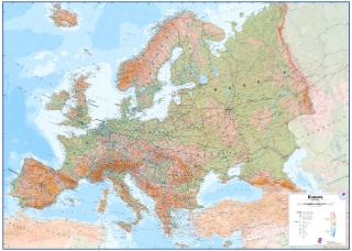 Európa geografická laminovaná nástenná mapa, mierka 1:36 000 000, rozmer 120 x 165cm