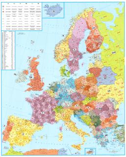 Európa PSČ III. 137,5x98cm lamino zapichovacia bez rámu nástenná mapa