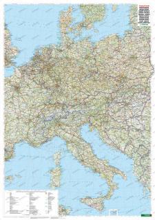 Európa STRED cestná 86x124cm lamino v ráme nástenná mapa  (Cestná mapa štáty: Slovensko, Česko, Poľsko, Maďarsko, Rakúsko, Taliansko, Slovinsko, Chorvátsko, Bosna a Hercegovina, Švajčiarsko, Monako, Dánsko, Nemecko, Holandsko, Belgicko, Luxembursko, Licht