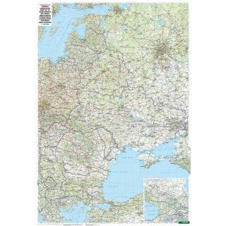 Európa VÝCHOD cestná 85x125cm lamino v ráme nástenná mapa  (Cestná mapa štátov Litva, Lotyšsko, Estónsko, Bielorusko, Ukrajina, Gruzínsko, Moldavsko, Rumunsko, Bulharsko, Srbsko, Kosovo, Macedónsko, Albánsko)
