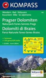 KOMPASS 145 Pragser Dolomiten,Naturpark Fanes,Sennes,Prags 1:25t turistická mapa (oblasť Južné Tirolsko, Dolomity)