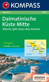 KOMPASS 2902 Dalmatinische Küste Mitte (Dalmácia stred-Šibenik,Split) 100t mapa (Chorvátsko - Dalmatínske pobrežie STRED - Šibenik, Split, Brač, Hvar, Korčula)