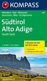 KOMPASS 699 Südtirol, Alto Adige set (sada 4 mapy) 1:50t turistická mapa (oblasť Južné Tirolsko, Dolomity)