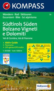 KOMPASS 74 Südtirols Süden,Bolzano Vigneti e Dolomiti,Val di Cembra 1:50t mapa (oblasť Južné Tirolsko, Dolomity)