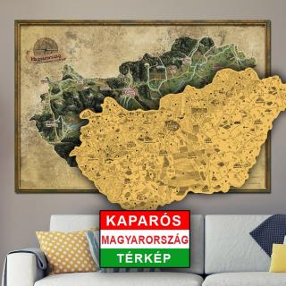 Maďarsko DELUXE ZLATÁ stieracia mapa 90x60cm+tubus (Kaparós Magyarország Térkép) (Nástenná stieracia mapa Maďarska pre vášnivých cestovateľov. Plánujte svojte túry a objavujte zákutia Maďarska. Po zotretí zlatej vrstvy sa odhalí krása ručne kreslenej mapy