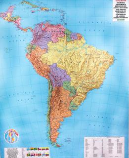 nástenná mapa Amerika južná politická 124x97cm lamino, lišty (farebne vyznačený reliéfny povrch)