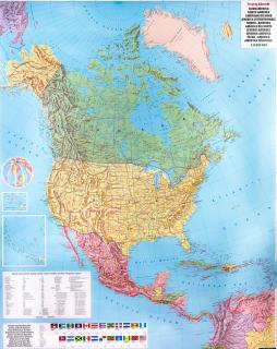 nástenná mapa Amerika severná + stred politická 124x97cm lamino, lišty (North America and America Central political wall map.farebne vyznačený reliéfny povrch)