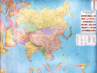 nástenná mapa Ázia politická 121x164cm lamino, lišty (farebne vyznačený reliéfny povrch)