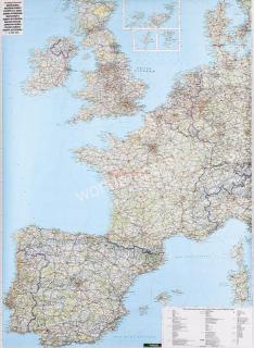 nástenná mapa Európa ZÁPAD cestná 88x122cm lamino s plastovými lištami (Cestná mapa štátov Portugalsko, Španielsko, Andorra, Francúzsko, Luxembursko, Belgicko, Holandsko, Spojené kráľovstvo /Veľká Británia/, Írsko, Dánsko, Švajčiarsko, Lichtenštajnsko, Mo