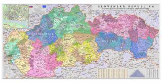 nástenná mapa Slovensko kraje a obvody 1:250tis, 90x175cm lamino, plastové lišty