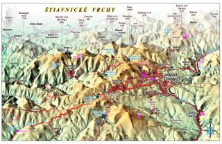 nástenná mapa Štiavnické vrchy 65x100cm panoramatická lamino, lišty (z edície  Panoramatické mapy Slovenska )