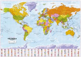 nástenná mapa Svet politický 100x136cm s vlajkami lamino, lišty GM