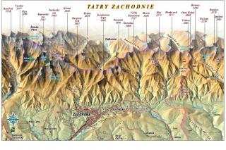 nástenná mapa Tatry zachodnie 70x100cm panoramatická lamino,lišty (z edície  Panoramatické mapy Slovenska )