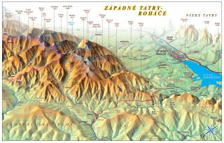 nástenná mapa Západné Tatry, Roháče 70x100cm panoramatická lamino, lišty (z edície  Panoramatické mapy Slovenska )
