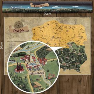 Poľsko DELUXE ZLATÁ nástenná stieracia mapa 90x60cm + tubus (Stieracia mapa Poľska pre vášnivých cestovateľov. Plánujte svojte túry a objavujte zákutia Poľska. Po zotretí zlatej vrstvy sa odhalí krása ručne kreslenej mapy.)