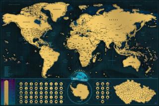 SVET Deluxe Dark BLUE nástenná stieracia mapa sveta+ČESKO 60x90cm /česky (Detailne zpracovaná stieracia mapa Sveta v jazyku českom. Navyše administratívna mapka Česka a 45ks svetových pamiatok v spodnej časti mapy. Už len cestovať a stierať všetky zdolané