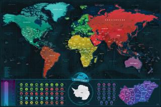 SVET Deluxe Dark BLUE nástenná stieracia mapa sveta+MAĎARSKO 60x90cm / maďarsky (Detailne zpracovaná stieracia mapa Sveta v jazyku maďarskom. Navyše administratívna mapka Maďarska a 45ks svetových pamiatok v spodnej časti mapy. Už len cestovať a stierať v