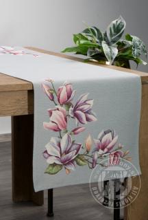 Gobelínový behúň na stôl so vzorom kvetov magnólie sivý 40x100 cm
