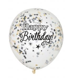 Balóny s konfetami čierne Happy Birthday 30cm 6ks