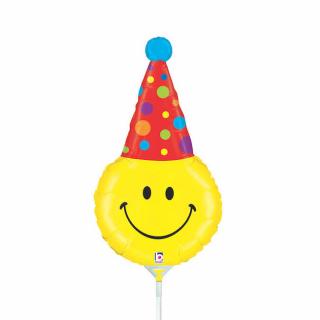 Mini fóliový balón Smajlík s party klobúčikom